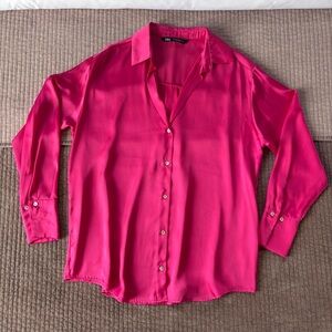 Zara Hot Pink Satin Button-Up Blouse – Size S
